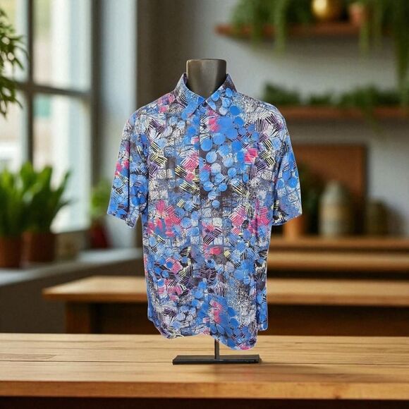 BASSIRI MEN'S CASUAL ABSTRACT SHORT SLEEVE SHIRT. ROYAL PURPLE BLUE FUSCIA. 1050 - Picture 1 of 6